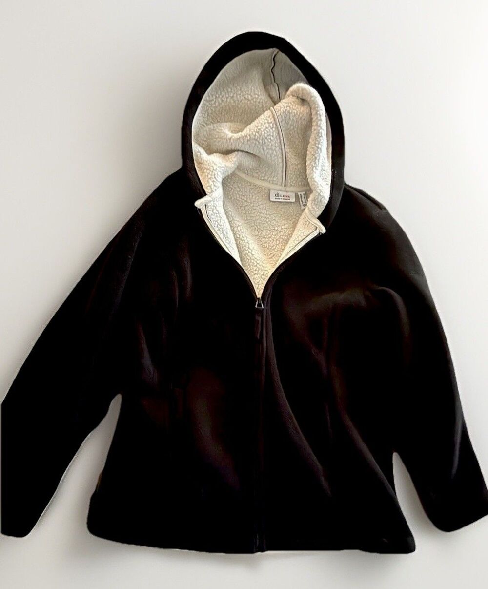 d&co Denim & Company Sherpa Lined Hooded Jacket Black Cream Women’s Medium